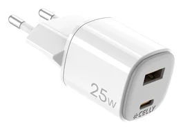 Celly UPTC1USB1USBC25 Cargador de Pared GaN 25W Blanco con 1 Puerto USB-C y 1 Puerto USB-A, Carga Rápida para Smartphone, Tableta y Más