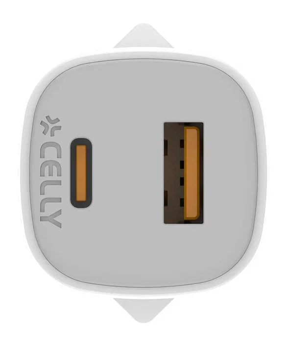 Celly UPTC1USB1USBC25 Cargador de Pared GaN 25W Blanco con 1 Puerto USB-C y 1 Puerto USB-A, Carga Rápida para Smartphone, Tableta y Más