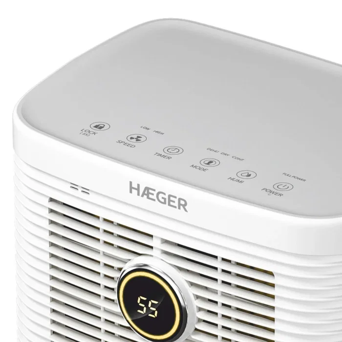 Haeger DE-D10.012A Deshumidificador 1,6L para 20m², 10L/24h, 240W, 46dB, Blanco, 275x195x440mm