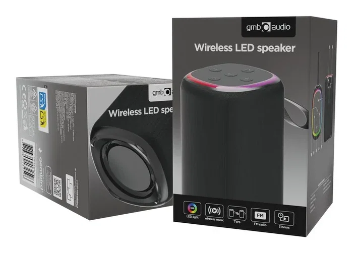 Gembird SPK-BT-LED-08S Altavoz Portátil Bluetooth para Fiestas con Luces LED RGB, Radio FM, Entrada USB/MicroSD, Micrófono Integrado, Batería Recargable, Color Negro