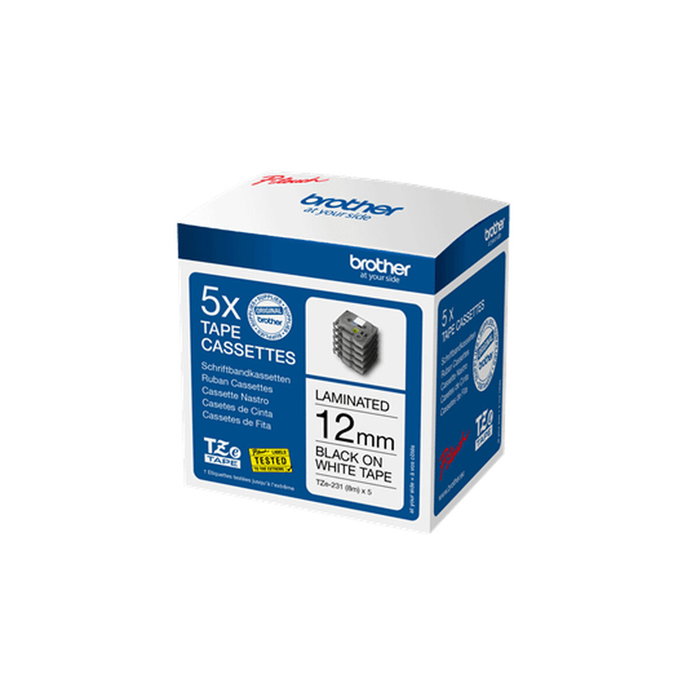 Brother Pack de 5 cintas laminadas TZe231M5 de 12 mm x 8 m, Negro sobre Blanco Brother Pack de 5 cintas laminadas TZe231M5 de 12 mm x 8 m, Negro sobre Blanco