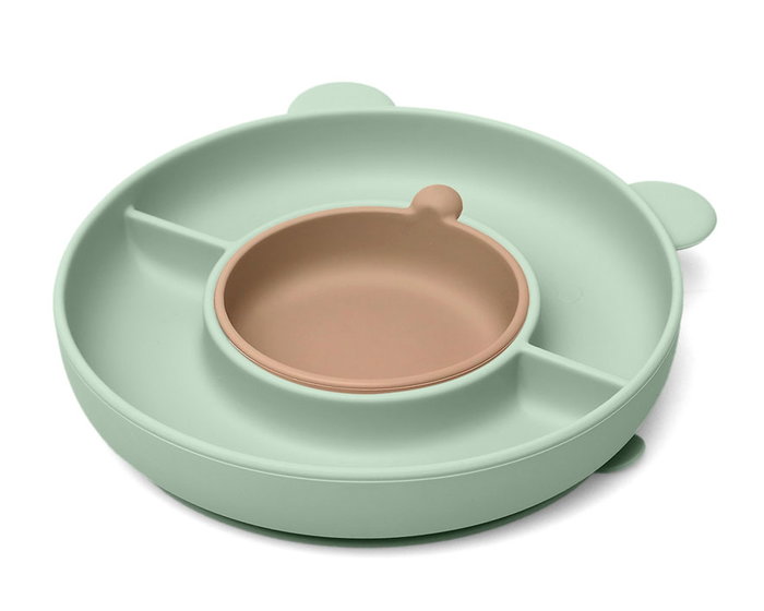 KioKids Plato de Silicona con 3 Compartimentos, Ventosa y Diseño de Oso para BLW, Verde, de Grado Alimentario y Lavavajillas, Edad +6 Meses