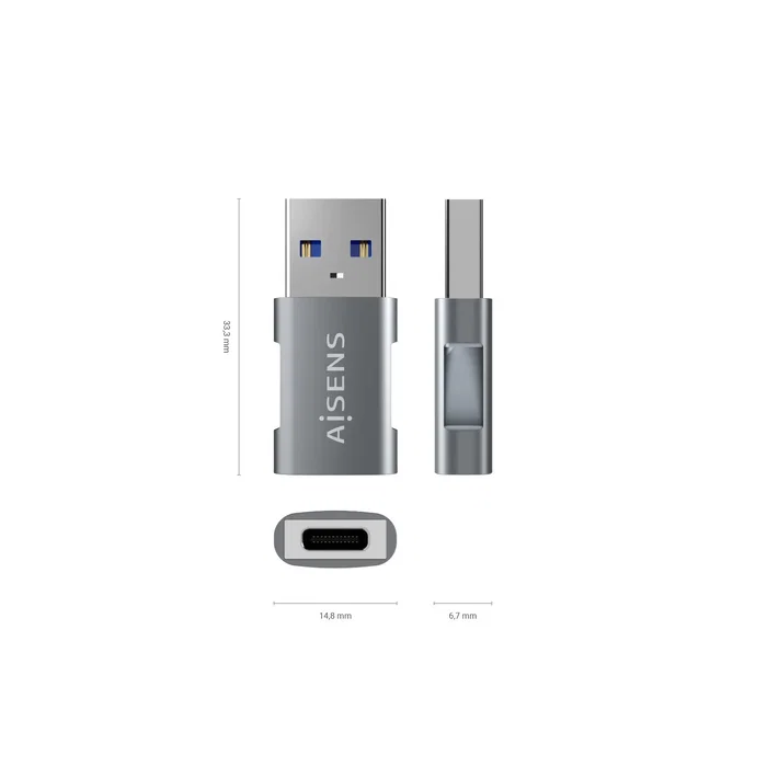 Aisens Mini Adaptador USB 3.2 Gen2 USB-C Hembra a USB-A Macho Gris Aisens Mini Adaptador USB 3.2 Gen2 USB-C Hembra a USB-A Macho Gris