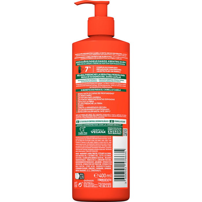 Garnier Fructis Keratina 10-en-1 Crema sin Aclarado Adiós Daños - Tratamiento Reparador 10 Beneficios para Cabello Dañado, 400 ml