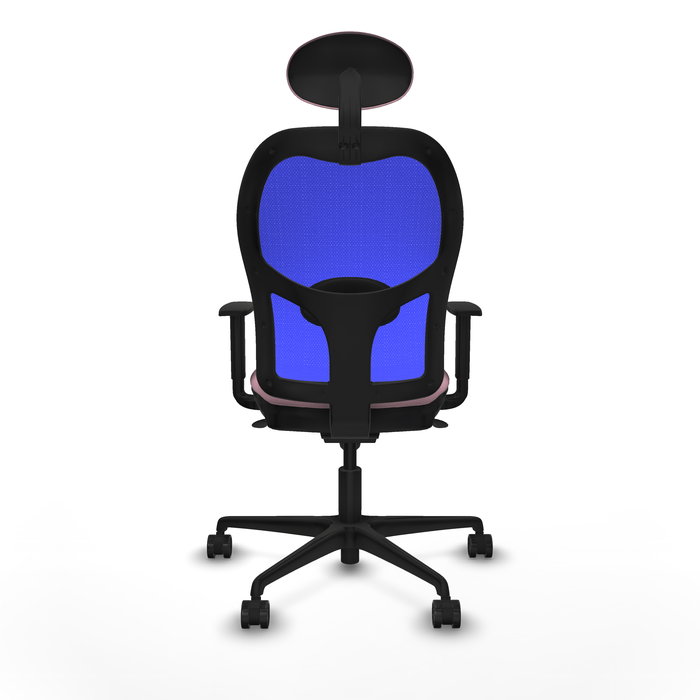 Silla de oficina Jorquera con mecanismo Sincro tapizada con Tela color Rosa y malla color Azul. Equipada con lumbar 1D, Brazos 1D, Cabecero Fijo y Ruedas 65mm nailon