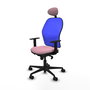 Silla de oficina Jorquera con mecanismo Sincro tapizada con Tela color Rosa y malla color Azul. Equipada con lumbar 1D, Brazos 1D, Cabecero Fijo y Ruedas 65mm nailon