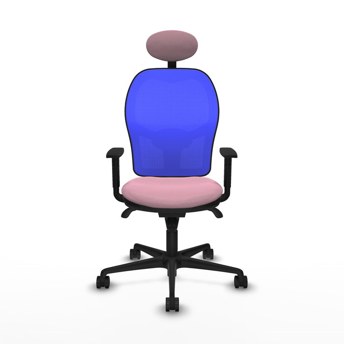 Silla de oficina Jorquera con mecanismo Sincro tapizada con Tela color Rosa y malla color Azul. Equipada con lumbar 1D, Brazos 1D, Cabecero Fijo y Ruedas 65mm nailon