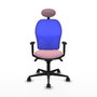 Silla de oficina Jorquera con mecanismo Sincro tapizada con Tela color Rosa y malla color Azul. Equipada con lumbar 1D, Brazos 1D, Cabecero Fijo y Ruedas 65mm nailon