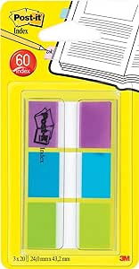 Post-it Banderitas Separadoras Index 680 Colores Surtidos (Azul, Verde, Violeta) con Dispensador