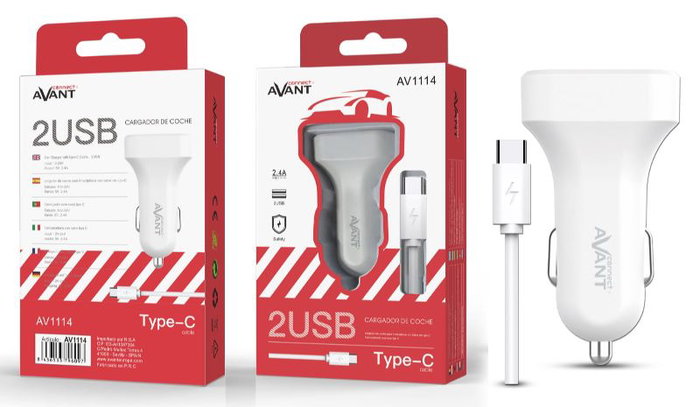 Avant Connect Cargador de Coche 2 Puertos 2.4A + Cable USB Tipo C Blanco - Modelo CARGADOR AVANT DE COCHE 2.4A 2PUERTOS + CABLE TIPO C BLANCO