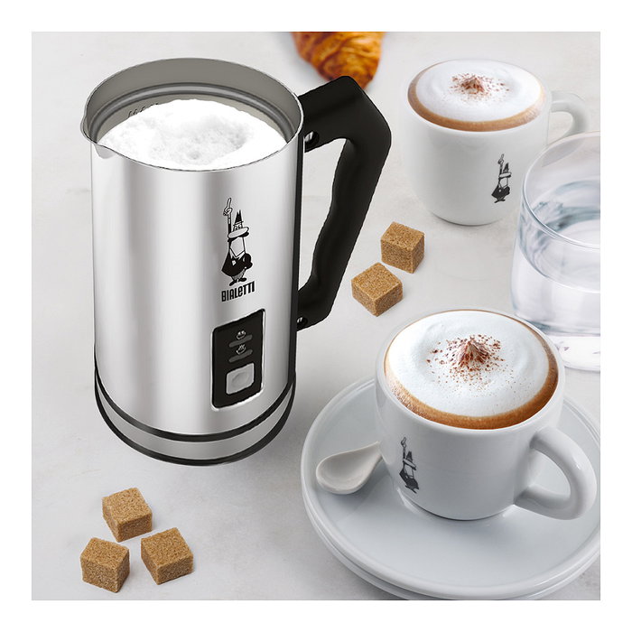 Bialetti MK01 Espumador y Calentador de Leche Automático, Acero Inoxidable, 115 ml Espuma, 240 ml Leche, Función Caliente y Fría, Apagado Automático