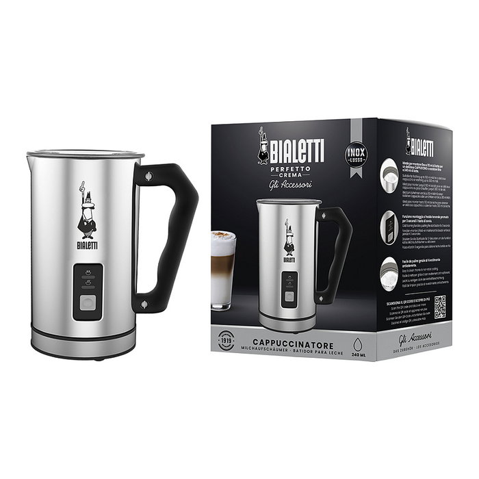 Bialetti MK01 Espumador y Calentador de Leche Automático, Acero Inoxidable, 115 ml Espuma, 240 ml Leche, Función Caliente y Fría, Apagado Automático