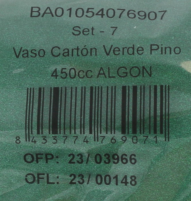 Algon Set 7 Vasos Cartón Verde Pino 450 cc (16 Unidades)