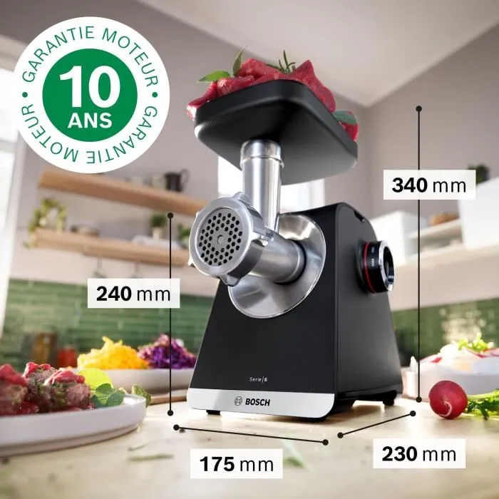 Bosch MFWS640B Picadora de carne Serie 6 de 500 W, capacidad 3,5 kg/min, con 3 rejillas de picado, color Negro