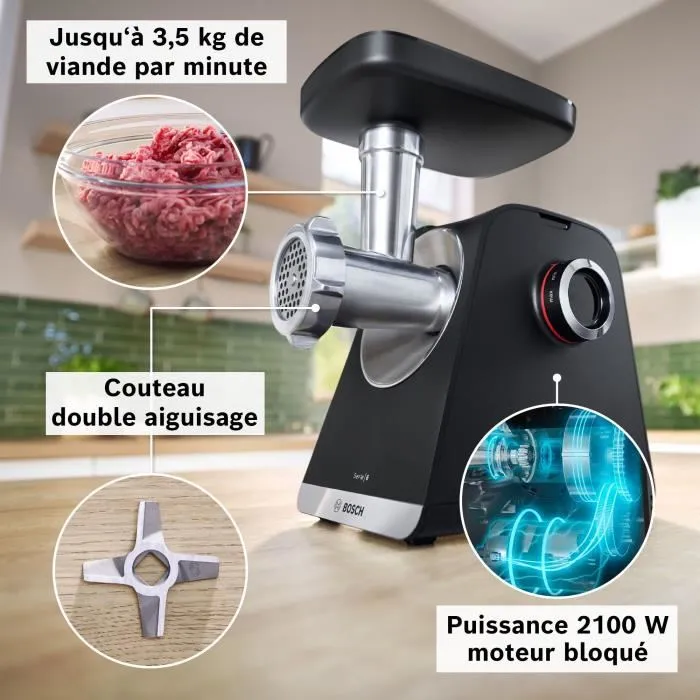 Bosch MFWS640B Picadora de carne Serie 6 de 500 W, capacidad 3,5 kg/min, con 3 rejillas de picado, color Negro