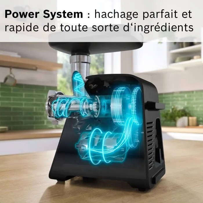 Bosch MFWS640B Picadora de carne Serie 6 de 500 W, capacidad 3,5 kg/min, con 3 rejillas de picado, color Negro