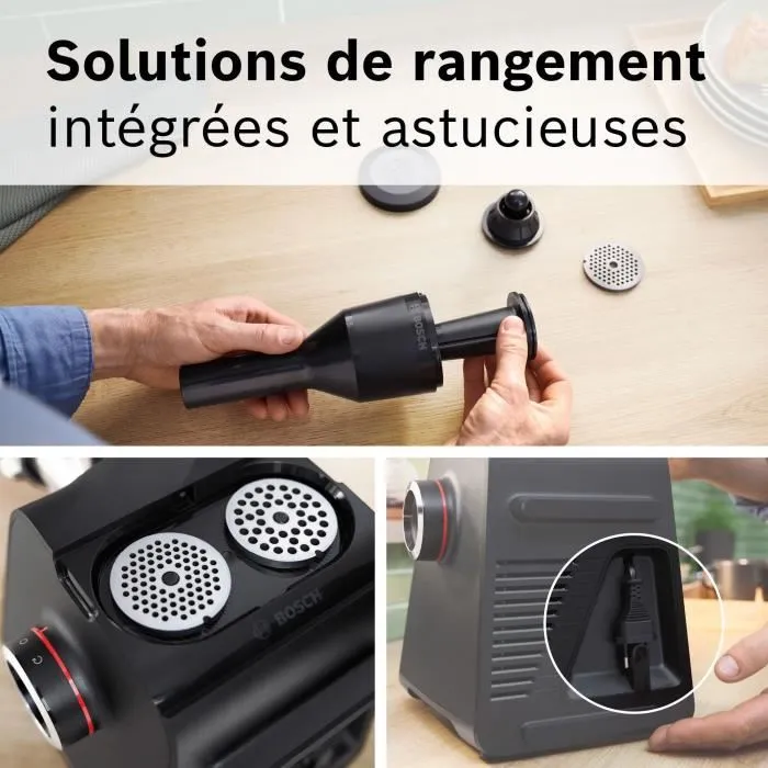 Bosch MFWS640B Picadora de carne Serie 6 de 500 W, capacidad 3,5 kg/min, con 3 rejillas de picado, color Negro