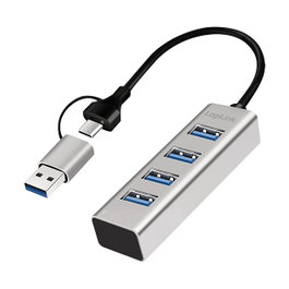 LogiLink Hub USB 3.1 de 4 puertos con USB-A y USB-C, aluminio, gris