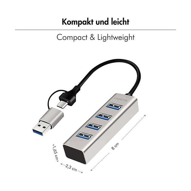 LogiLink Hub USB 3.1 de 4 puertos con USB-A y USB-C, aluminio, gris