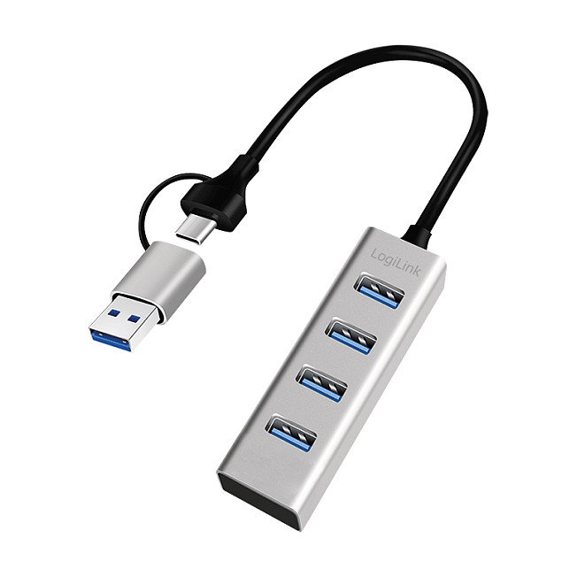 LogiLink Hub USB 3.1 de 4 puertos con USB-A y USB-C, aluminio, gris