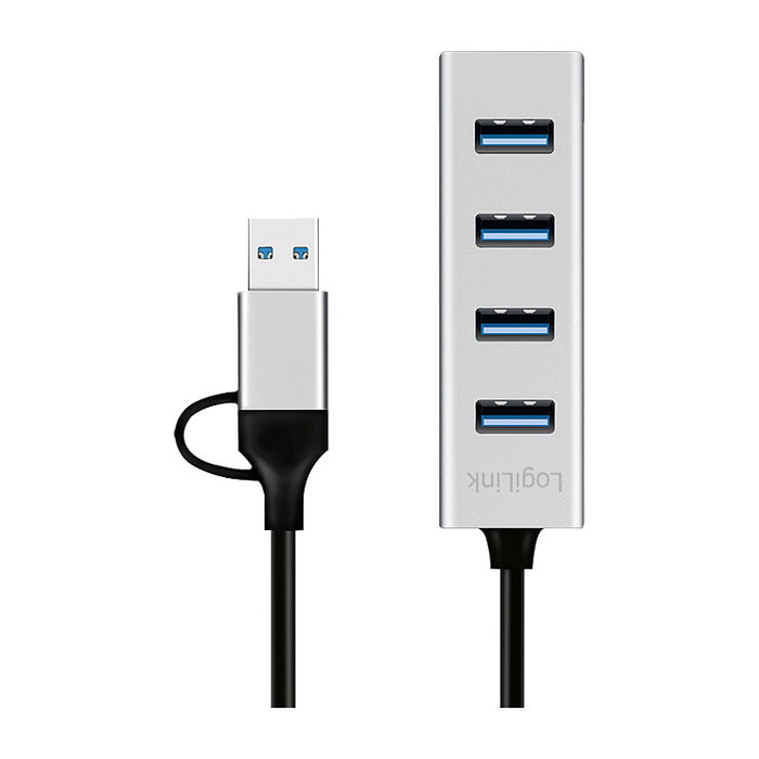 LogiLink Hub USB 3.1 de 4 puertos con USB-A y USB-C, aluminio, gris