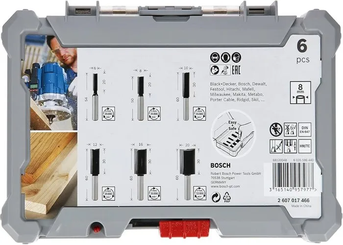 Bosch Professional 2607017466 Juego de Fresas Rectas, Vástago 8 mm, Ø12/16/20 mm, 6 Piezas