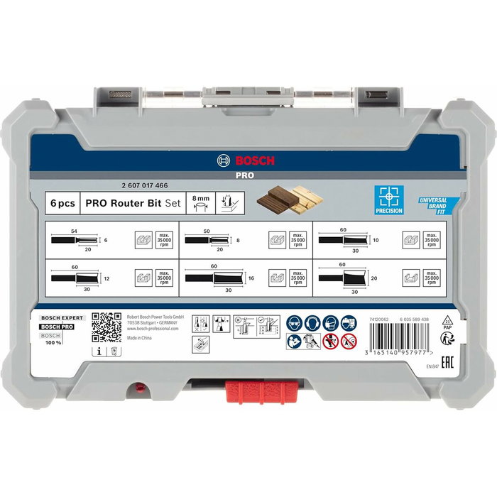 Bosch Professional Juego de fresas rectas 2607017466 - Vástago de 8 mm - Ø12/16/20 mm - 6 piezas