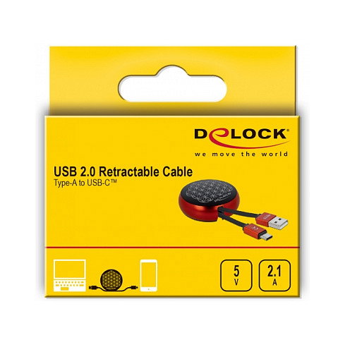 DeLOCK Cable retráctil USB-A a USB-C 2.0 negro/rojo 92cm DeLOCK Cable retráctil USB-A a USB-C 2.0 negro/rojo 92cm