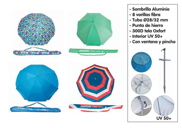 Sombrilla aluminio 240cm, 8 varillas fibra, tubo 28/32mm, punta de plástico con clavado fácil, 300d tela oxford, interior uv 50+, con ventana y pincho - modelos surtidos