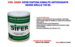 SIFER Esmalte Antioxidante Negro Brillo 750 ml