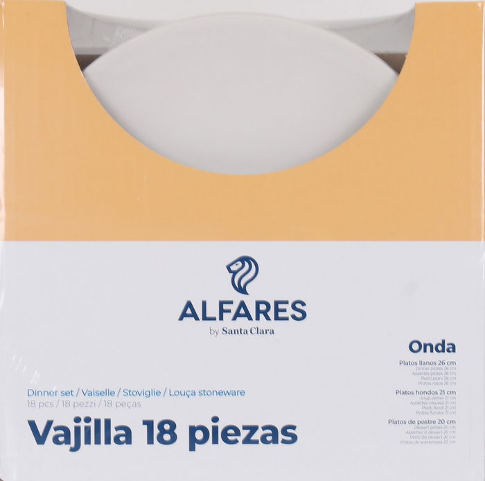 Santa Clara Vajilla 18 Piezas "Onda" Ivory Brillo Redonda Liso 26 cm, Hondo 21 cm, Plato 20 cm (2 Unidades)