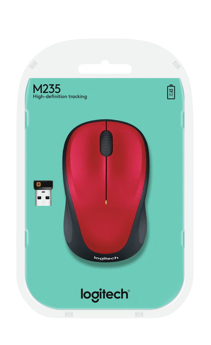 Logitech M235 Ratón Inalámbrico RF, Conexión 2.4 GHz, Diseño Compacto con agarre de Goma Suave, Color Rojo