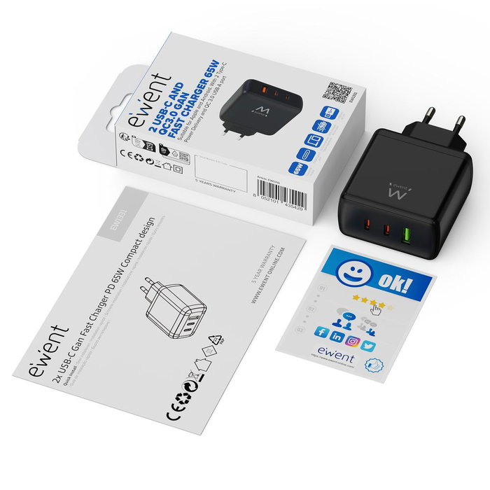 Ewent EW1331 Cargador Rápido GaN 65W 2x USB-C PD 3.0 + 1x USB-A QC 3.0 Compatible con Portátiles y Smartphones