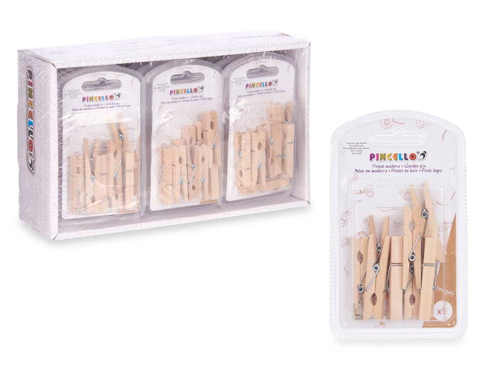 Pincello Set 9 Pinzas Madera Natural 7.7x12.4x2 cm (Set de 24)
