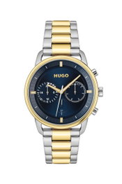 Hugo Reloj Multifunción con Esfera Azul y Correa Dorada
