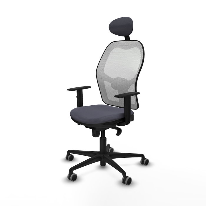Silla de oficina Jorquera con mecanismo Sincro tapizada con Tela color Gris oscuro y malla color Blanco. Equipada con lumbar 1D, Brazos 1D, Cabecero Fijo y Ruedas 65 mm parqué