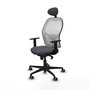 Silla de oficina Jorquera con mecanismo Sincro tapizada con Tela color Gris oscuro y malla color Blanco. Equipada con lumbar 1D, Brazos 1D, Cabecero Fijo y Ruedas 65 mm parqué