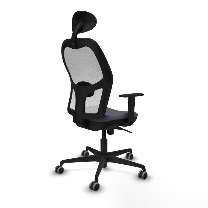 Silla de oficina Jorquera con mecanismo Sincro tapizada con Tela color Gris oscuro y malla color Blanco. Equipada con lumbar 1D, Brazos 1D, Cabecero Fijo y Ruedas 65 mm parqué