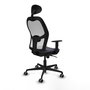 Silla de oficina Jorquera con mecanismo Sincro tapizada con Tela color Gris oscuro y malla color Blanco. Equipada con lumbar 1D, Brazos 1D, Cabecero Fijo y Ruedas 65 mm parqué