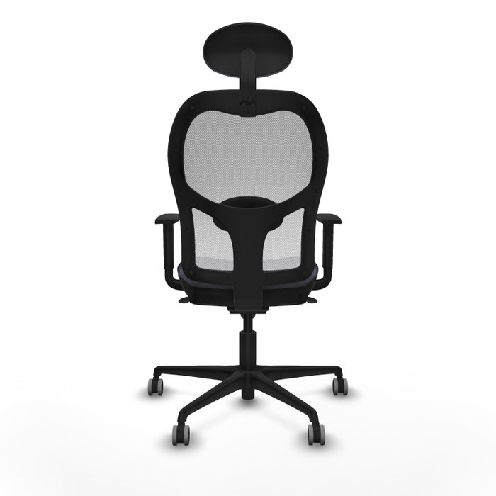 Silla de oficina Jorquera con mecanismo Sincro tapizada con Tela color Gris oscuro y malla color Blanco. Equipada con lumbar 1D, Brazos 1D, Cabecero Fijo y Ruedas 65 mm parqué