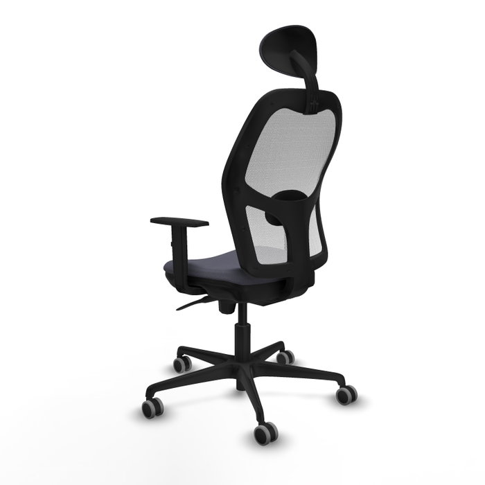 Silla de oficina Jorquera con mecanismo Sincro tapizada con Tela color Gris oscuro y malla color Blanco. Equipada con lumbar 1D, Brazos 1D, Cabecero Fijo y Ruedas 65 mm parqué