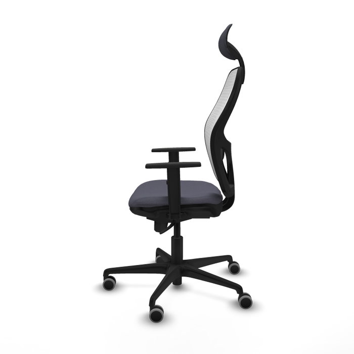 Silla de oficina Jorquera con mecanismo Sincro tapizada con Tela color Gris oscuro y malla color Blanco. Equipada con lumbar 1D, Brazos 1D, Cabecero Fijo y Ruedas 65 mm parqué