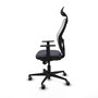 Silla de oficina Jorquera con mecanismo Sincro tapizada con Tela color Gris oscuro y malla color Blanco. Equipada con lumbar 1D, Brazos 1D, Cabecero Fijo y Ruedas 65 mm parqué