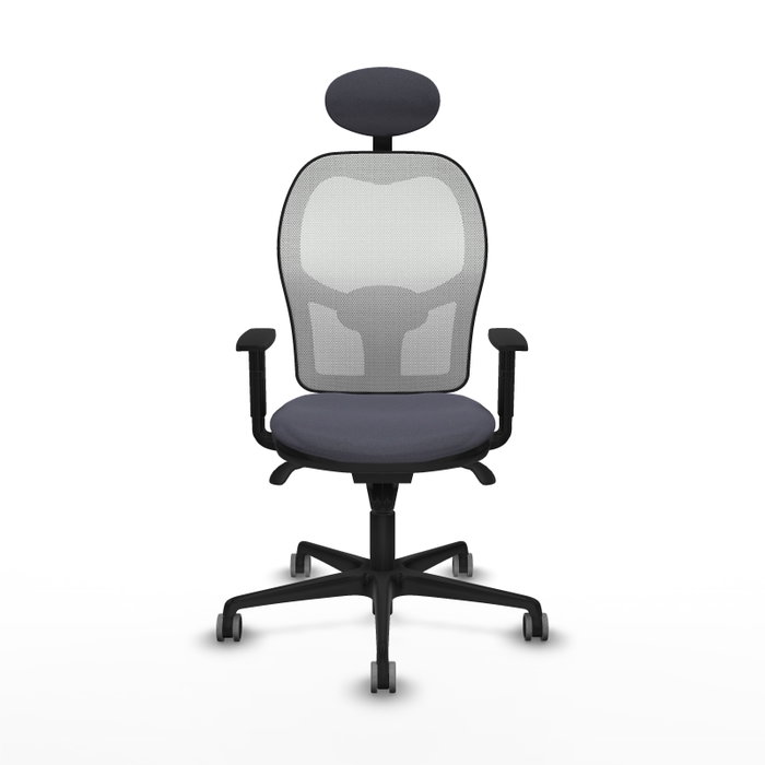 Silla de oficina Jorquera con mecanismo Sincro tapizada con Tela color Gris oscuro y malla color Blanco. Equipada con lumbar 1D, Brazos 1D, Cabecero Fijo y Ruedas 65 mm parqué