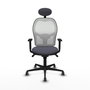 Silla de oficina Jorquera con mecanismo Sincro tapizada con Tela color Gris oscuro y malla color Blanco. Equipada con lumbar 1D, Brazos 1D, Cabecero Fijo y Ruedas 65 mm parqué