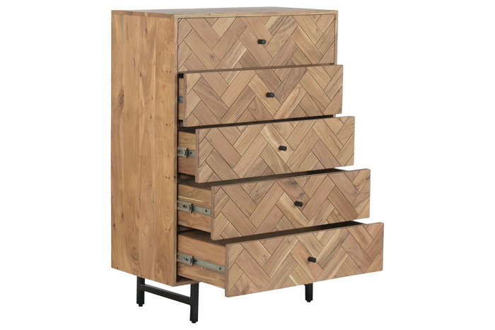 DKD Home Decor Chifonier Moderno Marron Claro 5 Cajones Acacia y Metal 80 x 40 x 115 cm