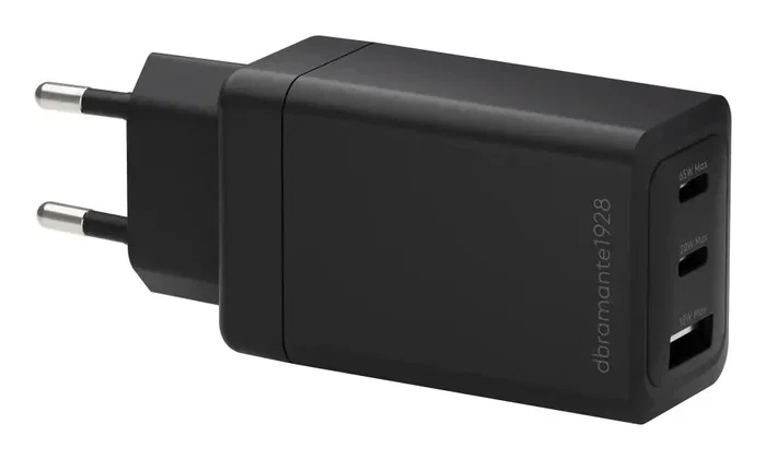 Dbramante1928 CI65EUBL7229 Cargador 65W Carga Rápida 3 Puertos USB-C (2x) para Portátil, Smartphone y Tableta, Color Negro