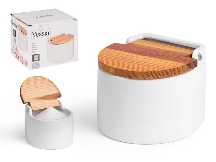 Vessia Salero Blanco Semi Circular Con Tapa 11x9x11 cm Cerámica y Madera (Set de 24) Vessia Salero Blanco Semi Circular Con Tapa 11x9x11 cm Cerámica y Madera (Set de 24)