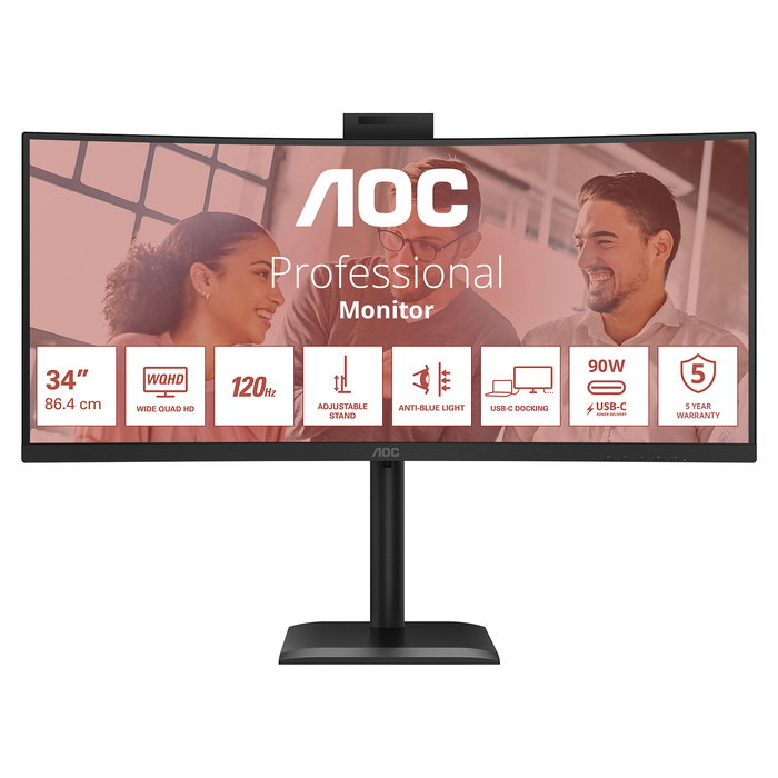AOC CU34E4CW - Monitor Curvo 34" UWQHD (3440x1440) 1500R, Panel VA, 120Hz, 4ms, HDR10, Altavoces, Cámara Web, USB-C 90W, KVM, HDMI/DP
