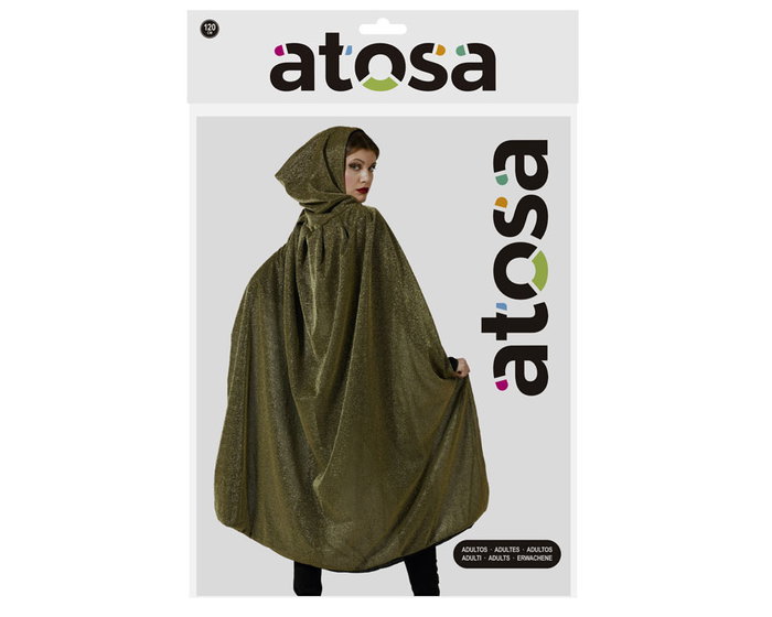 Capa Reversible Negro-Dorado Con Capucha 1.20 M Adulto para Disfraces de Mago, Rey Oscuro, Hechicero o Guardián, Halloween, Carnaval y Cosplay